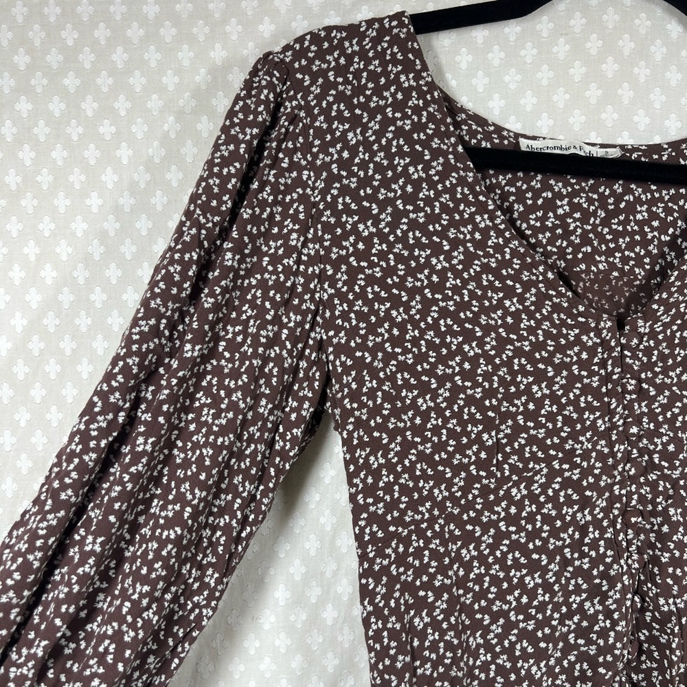 Abercrombie &‎ Fitch Brown White Floral Button Up Puff Sleeve Cropped Top - Picture 5 of 7